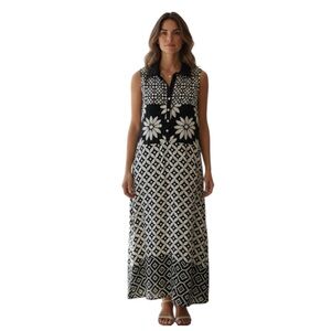 Biba Black White Midi Dress Sleeveless Button Front Geometric Floral Size M